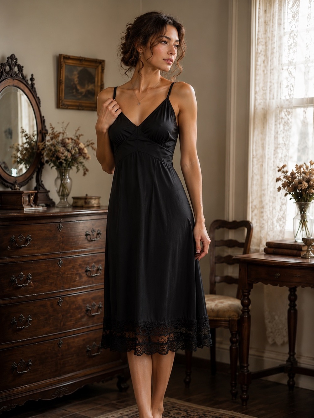 Vintage Velrose Full Slip Size 34 Black Lace Nylon Under Dress Lingerie‎ 70s